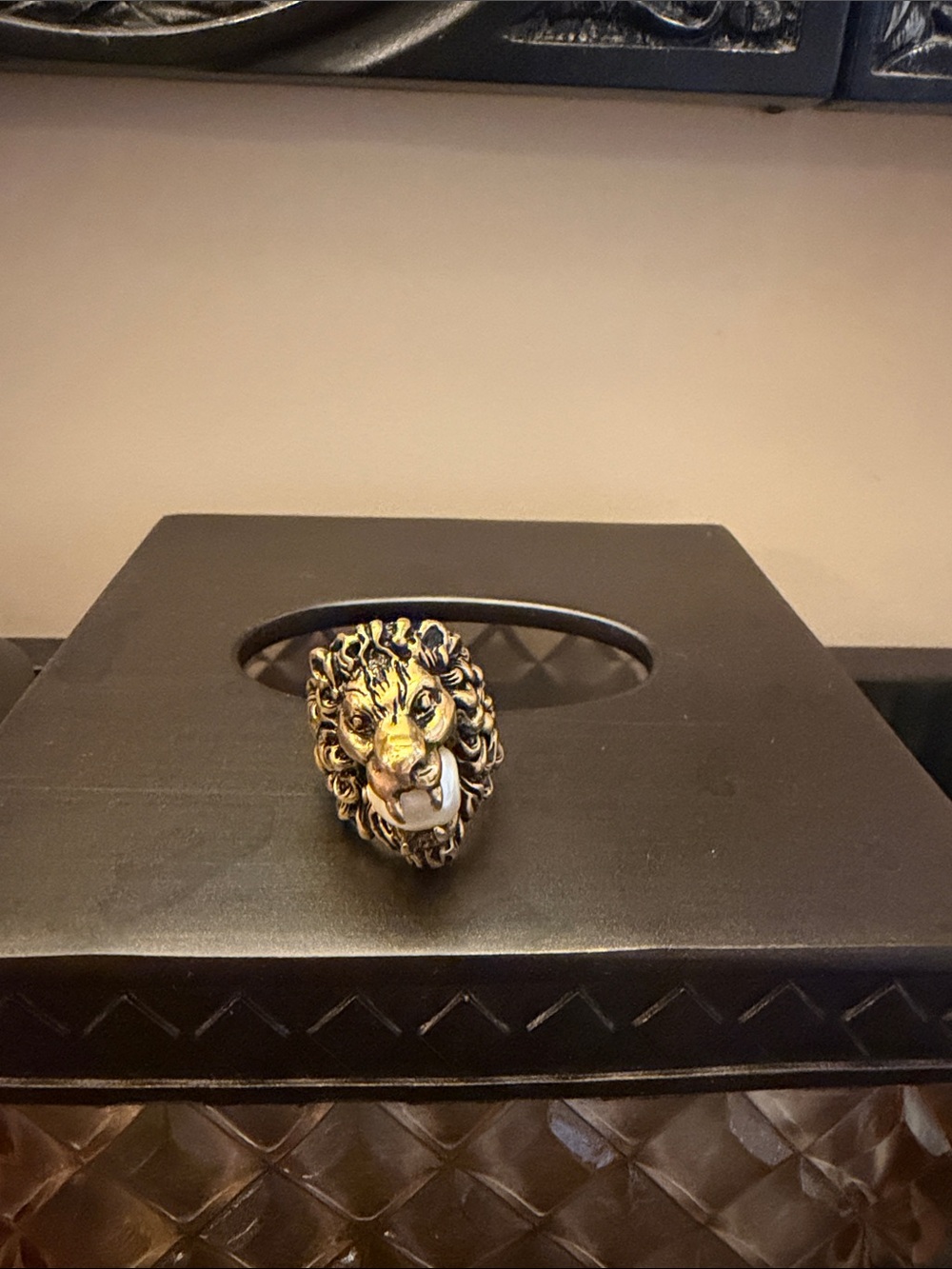 Gucci Gold Lion Head Ring with Silver-Tone Mouth
